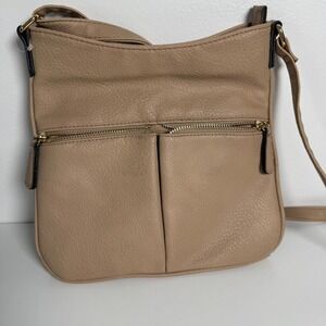 Khaki Faux Leather Crossbody Bag Double Zip Front Pocket Adjustable Strap
